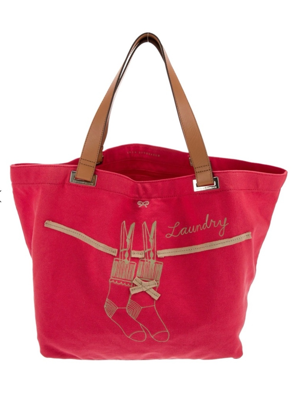 Anya Hindmarch “Laundry” Coral Large Cotton Canvas Tote Tan Leather Handles EUC